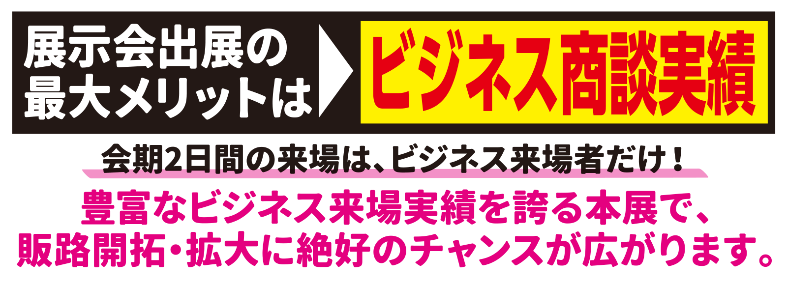 展示会出展の最大のメリットはビジネス商談実績　会期2日間の来場は、ビジネス来場者だけ！　豊富なビジネス来場実績を誇る本展で、販路開拓・拡大に絶好のチャンスが広がります。